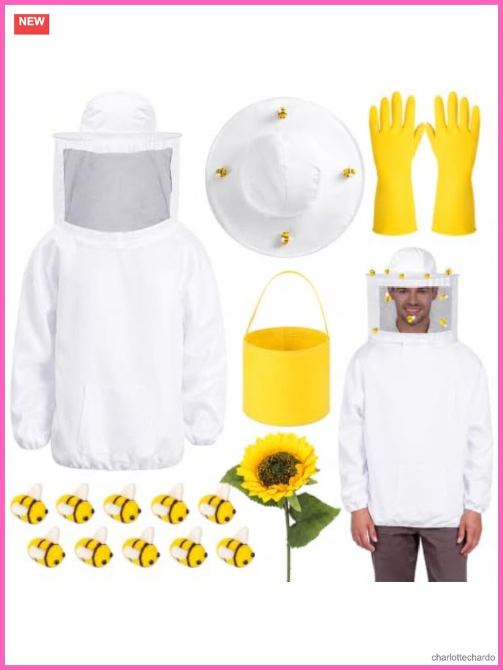 Beekeeper Costume Set Jacket Felt Bees Gloves Bucket Sunflower Polyester